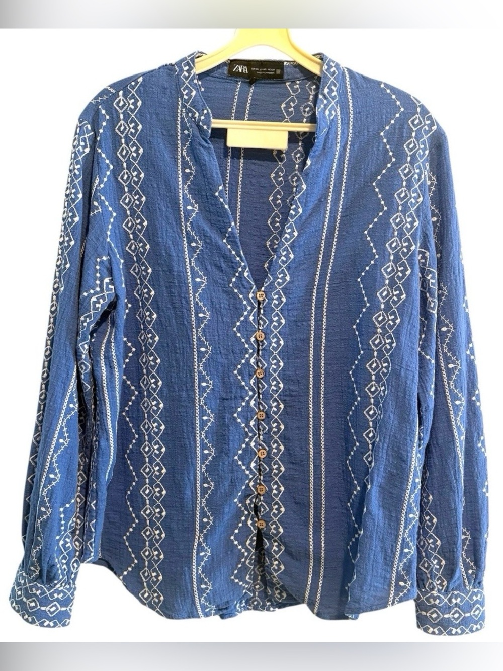 Zara Blouse Top Blue XS Embroidered Boho Coastal Tribal Beach Gauzy Resortwear